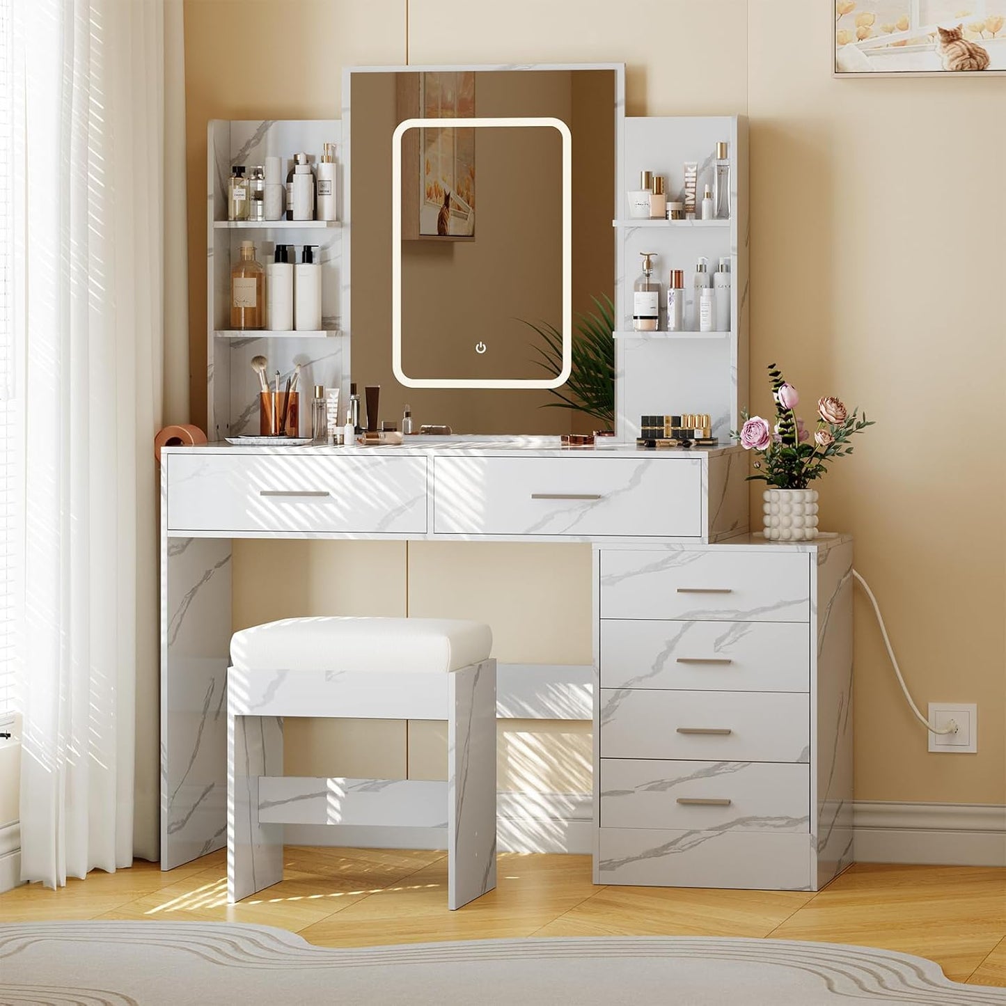 GarveeHome Vanity Desk - Mirror, Lights, Charging, Storage