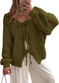 Tie Front Bow Cardigan Sweater - Chunky Knit Puff Sleeve Jacket
