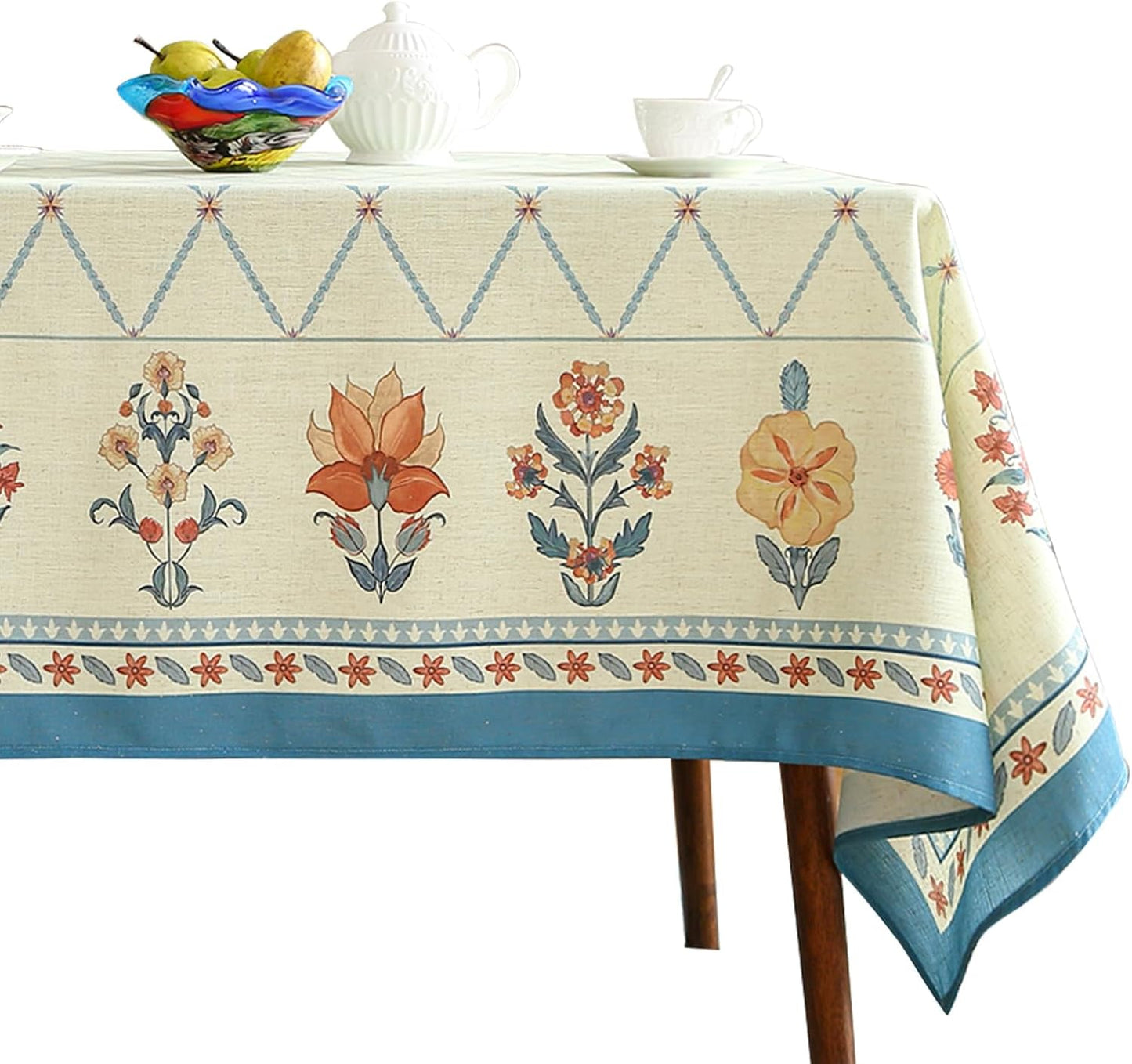 Designer Linen Floral Table Cloth for Rectangle Table, Light Green