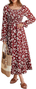Boho Floral Square Neck Smocked Maxi Dress - Flattering Tiered Fit