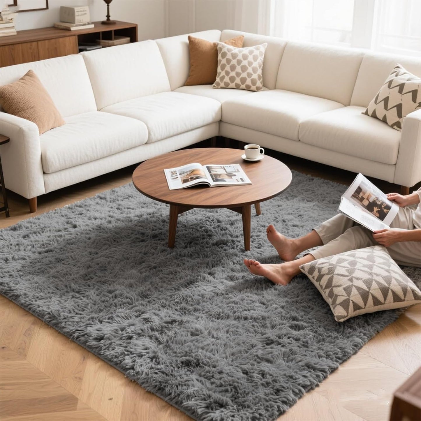 Light Grey Fluffy 9x12 Area Rug for Cozy Home Decor