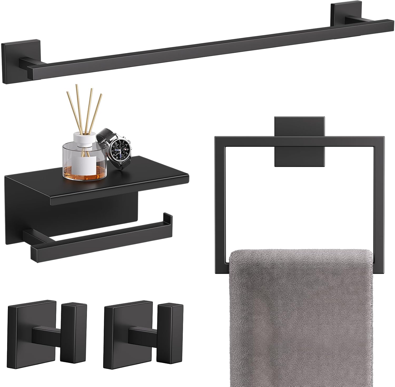 5-Piece Matte Black Bathroom Hardware Set for Modern Spaces