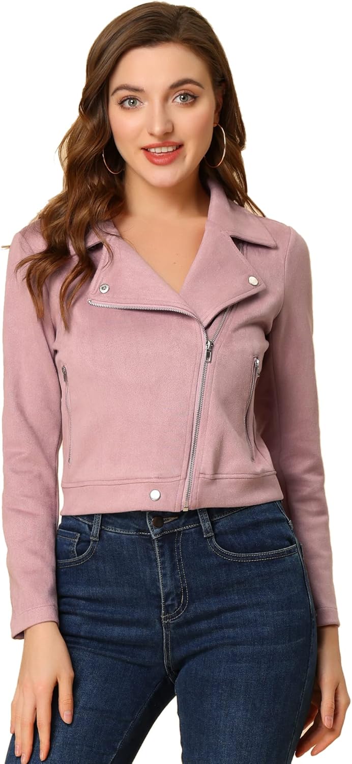 Allegra K Women's Short Soft Zip Up Faux Suede Biker Jacket