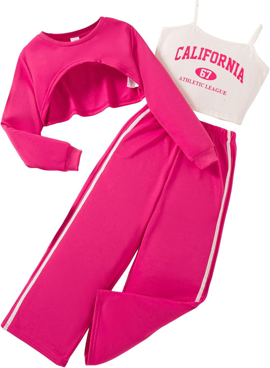 Girls 3 Piece Outfits Long Sleeve Crop Shirts & Sweatpants Set