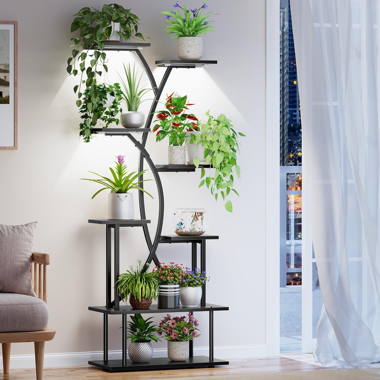 Indoor Plant Stand with Grow Lights - 8-Tier S-Shaped Shelf
