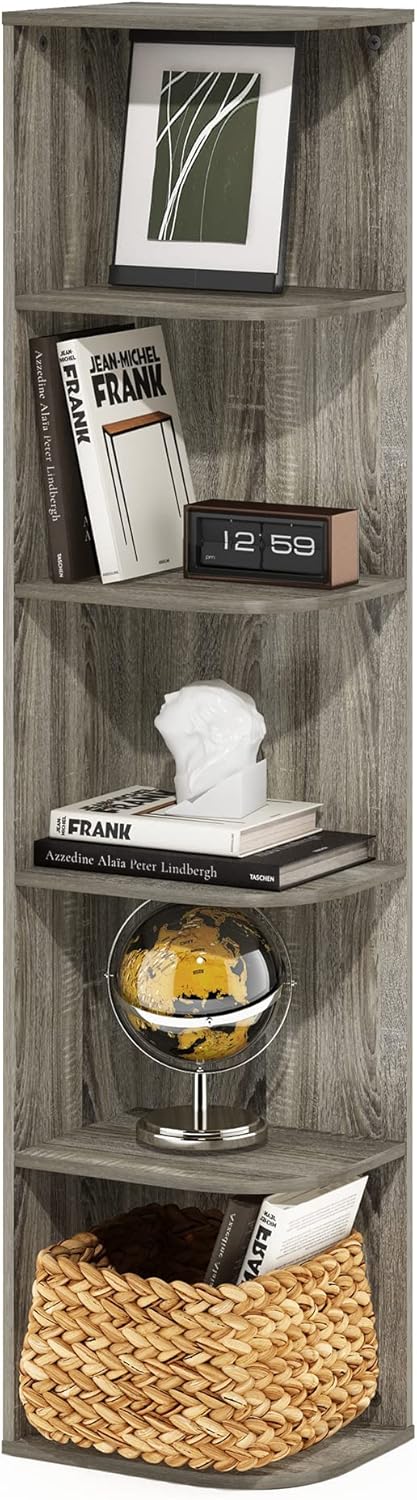 Furinno Pasir 5-Tier Corner Open Shelf Bookcase for Small Spaces
