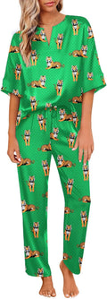 Women's Satin Pajama Set V Neck Short Sleeve with Long Pants - Soft
