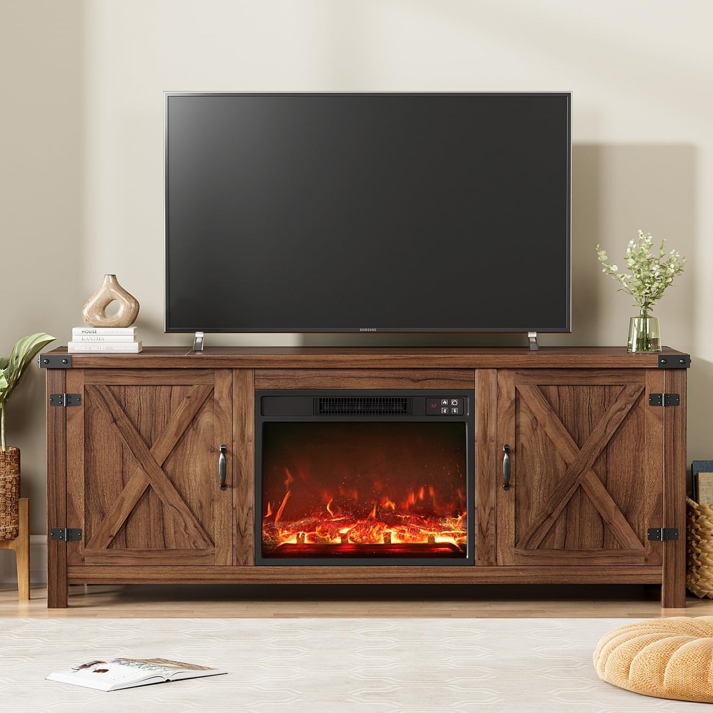 58 Walnut Fireplace TV Stand - Storage, Style & Function!