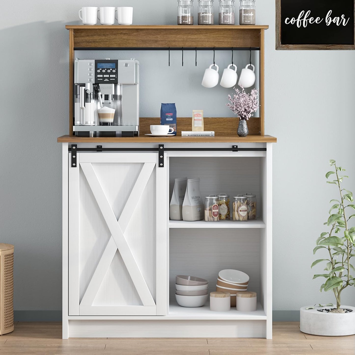 Farmhouse Coffee Bar with Hutch and Adjustable Shelves for Storage