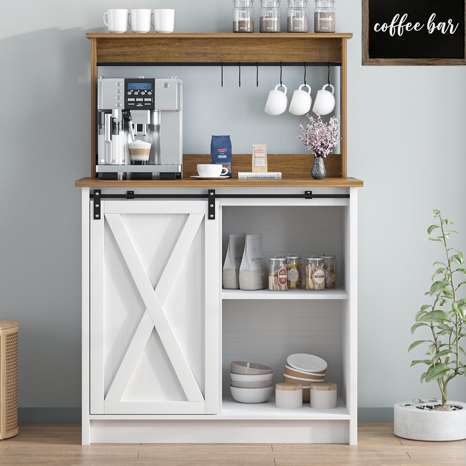 Farmhouse Coffee Bar with Hutch and Adjustable Shelves for Storage