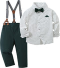 Boys Wedding Outfit Dress Shirt with Bowtie and Suspender Pants