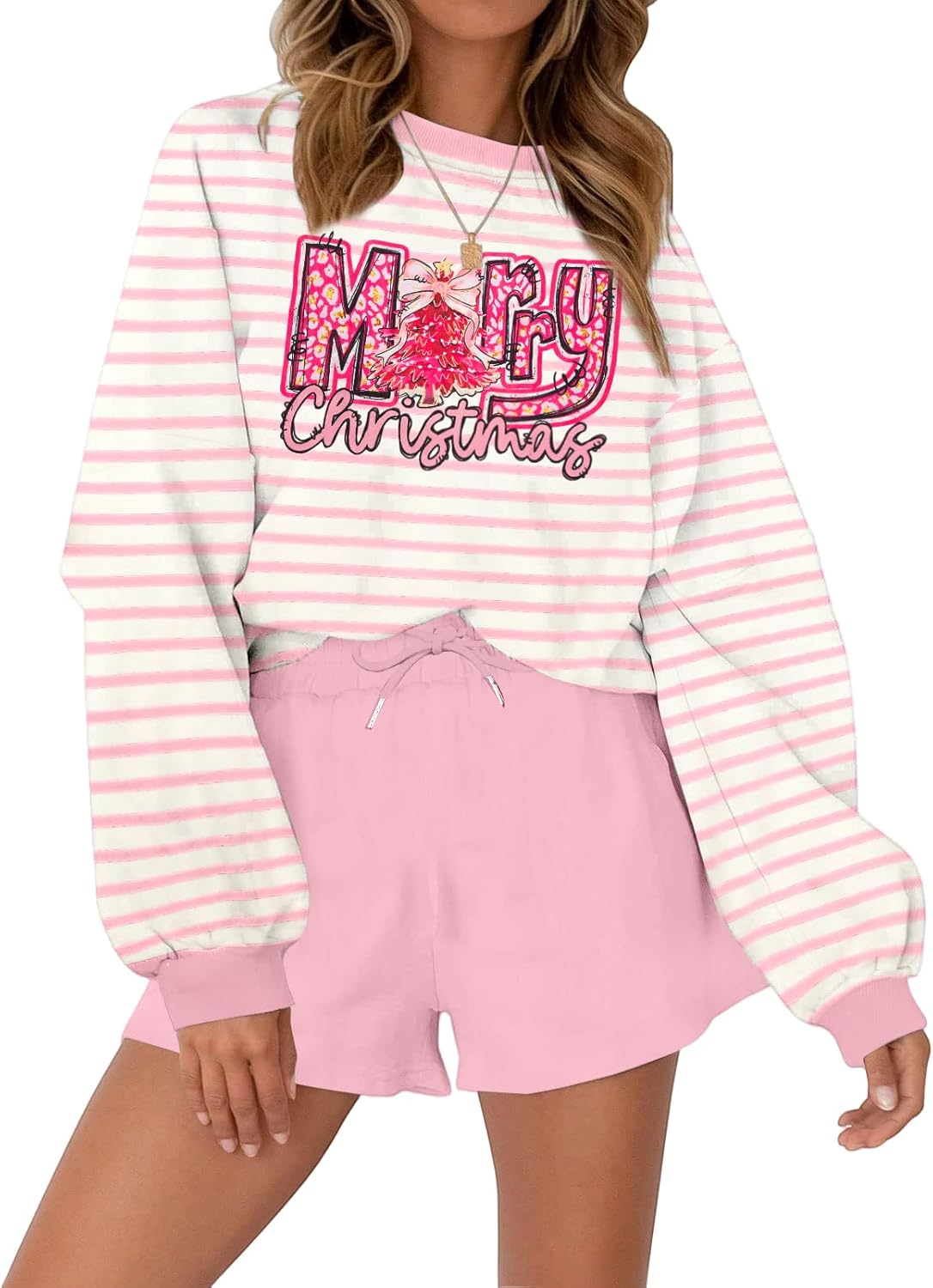 VILOVE Christmas Sweat Shorts Set for Women - Festive Holiday Style