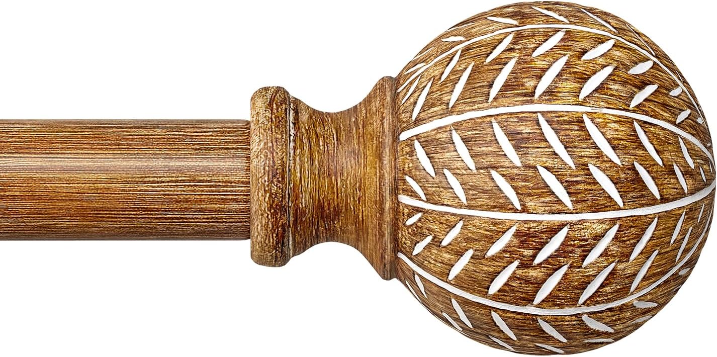 Boho Wood Curtain Rods 28-48 w/ Leaf Finials, Heavy Duty, Adjustable ~ QDWIS