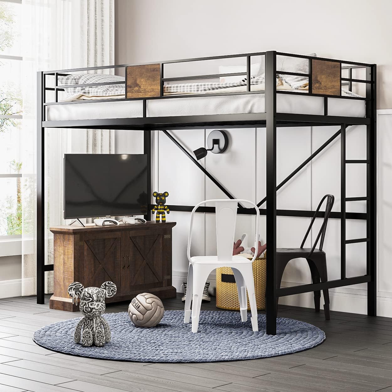 Space-Saving Twin Loft Bed with Ladder & Guardrail