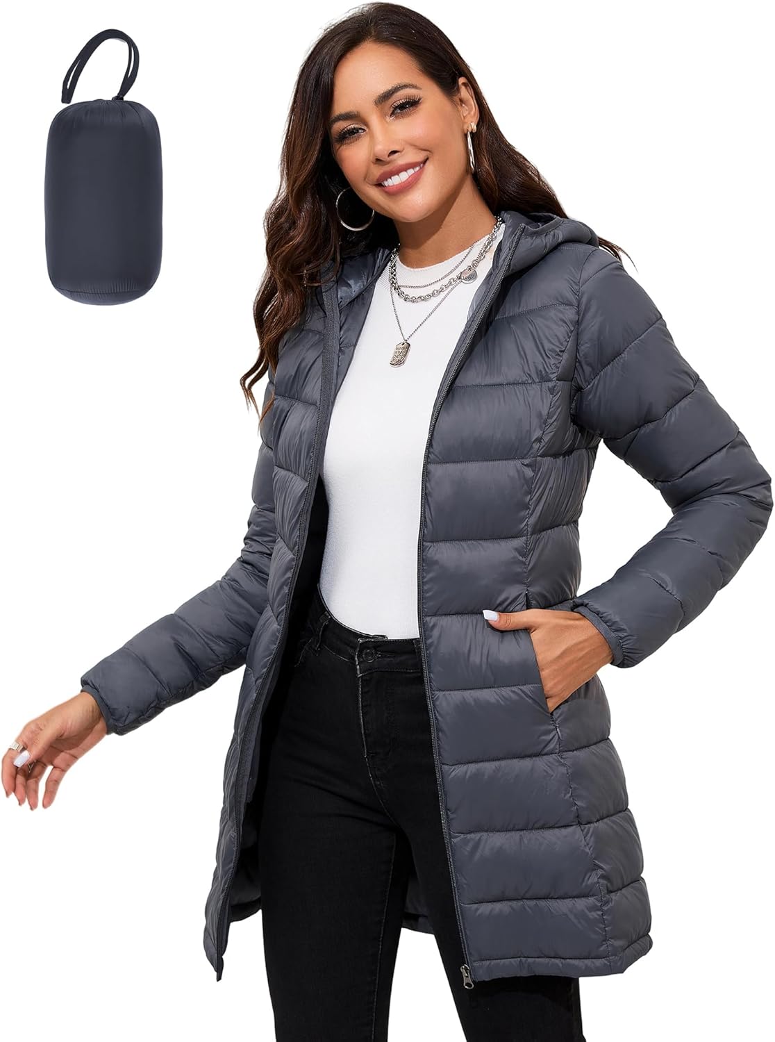 Packable Puffer Jacket for Women - Lightweight Hooded Style