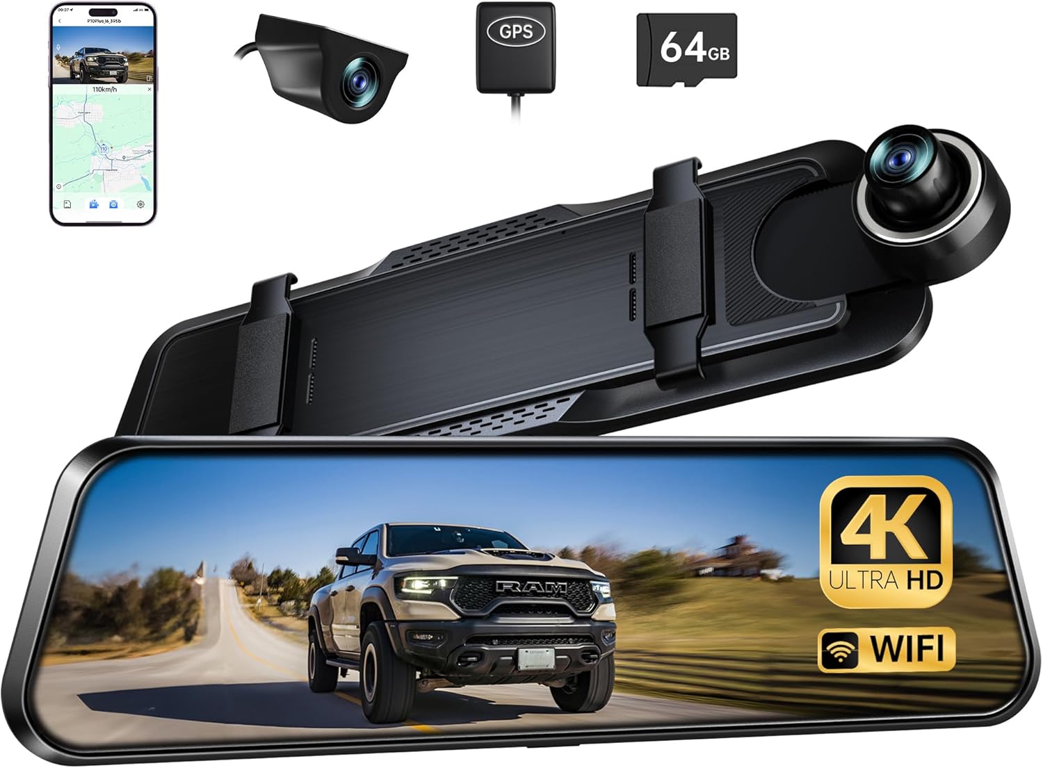 Pelsee P10 Plus 4K Rear View Mirror Camera with ADAS Features