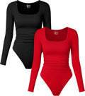 OQQ Womens 2 Piece Long Sleeve Square Neck Ruched Bodysuits - Fitted