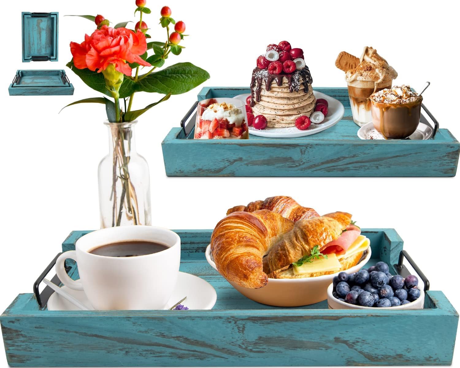 Rustic Wooden Serving Trays with Handle - Set of 2 for All Needs