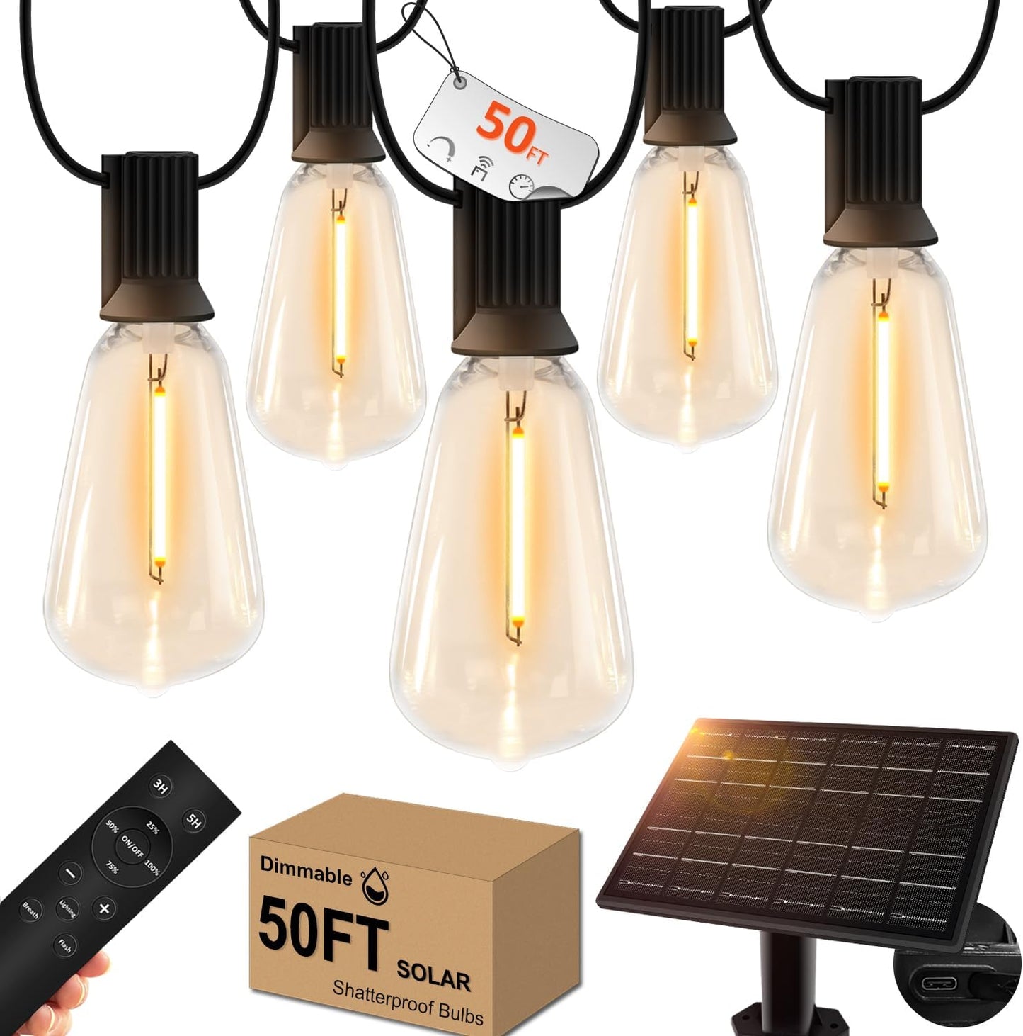 50ft Solar Outdoor String Lights with Remote for Your Patio