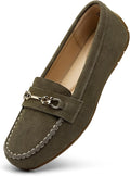 Women's Suede Loafers Slip-Ons with Gold Buckle - Cushioned Comfort