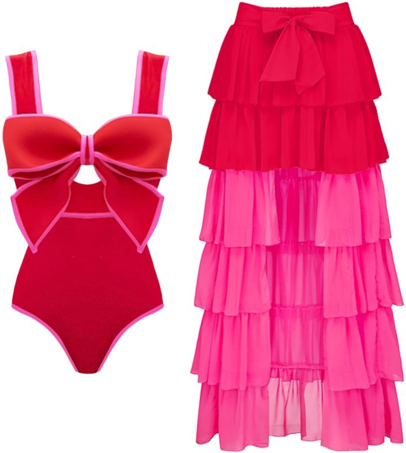 FLAXMAKER Bow Front Cut Out Color Block One Piece Swimsuit