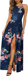 Women's Halter Neck Floral Maxi Dress - Flowy Beach Sundress