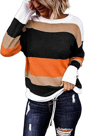 Dokotoo Fall Sweaters Round Neck Striped Cute Winter Pullover