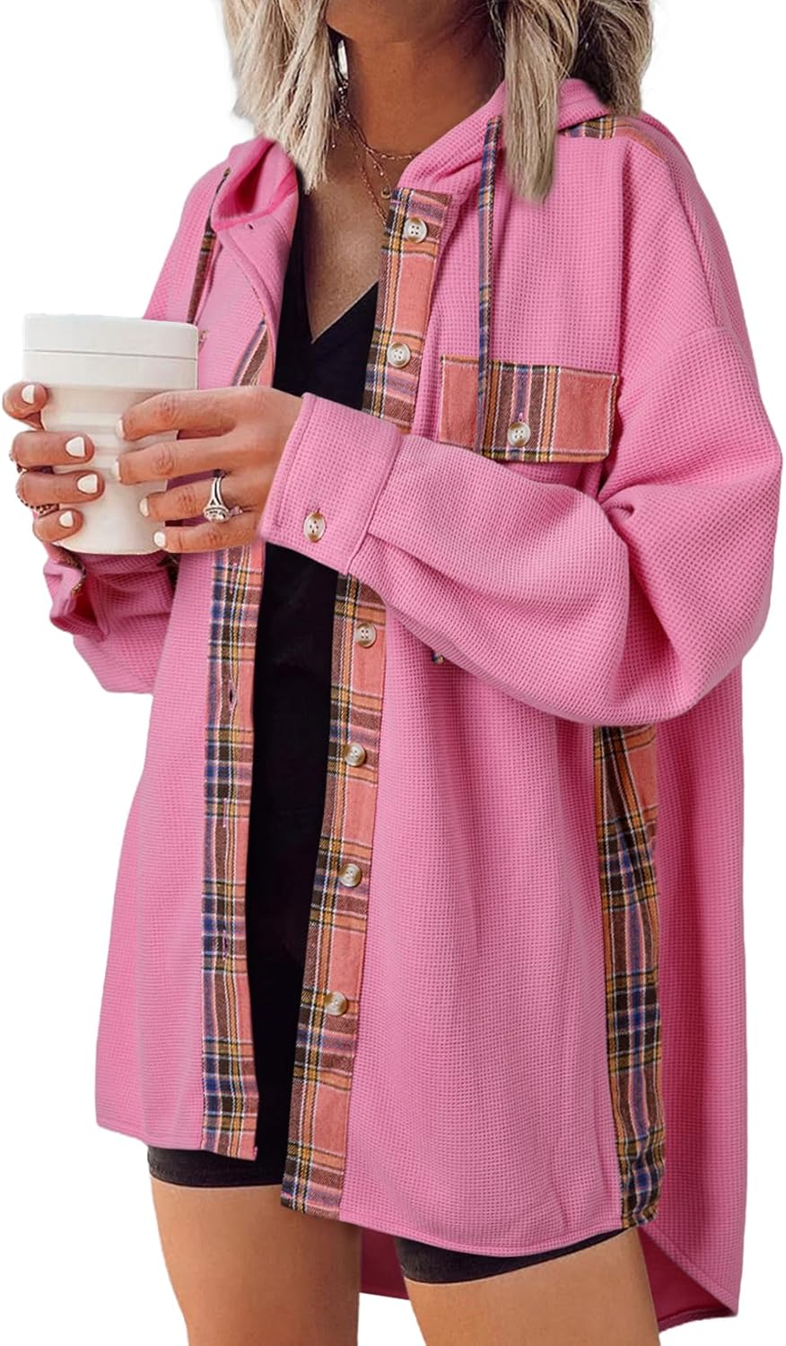 SHEWIN Womens Waffle Knit Plaid Shacket for Stylish Comfort