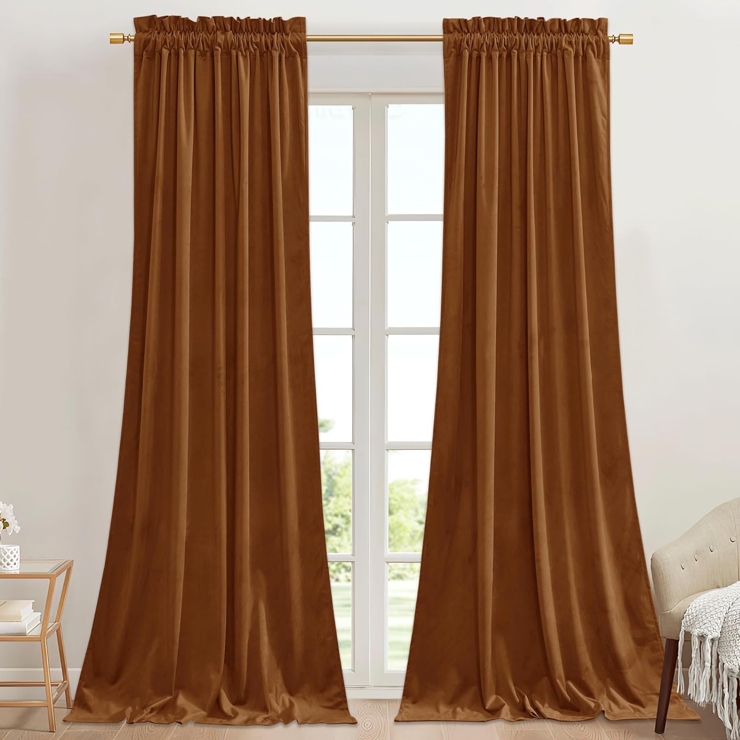 StangH Burnt Orange Velvet Room Darkening Curtains