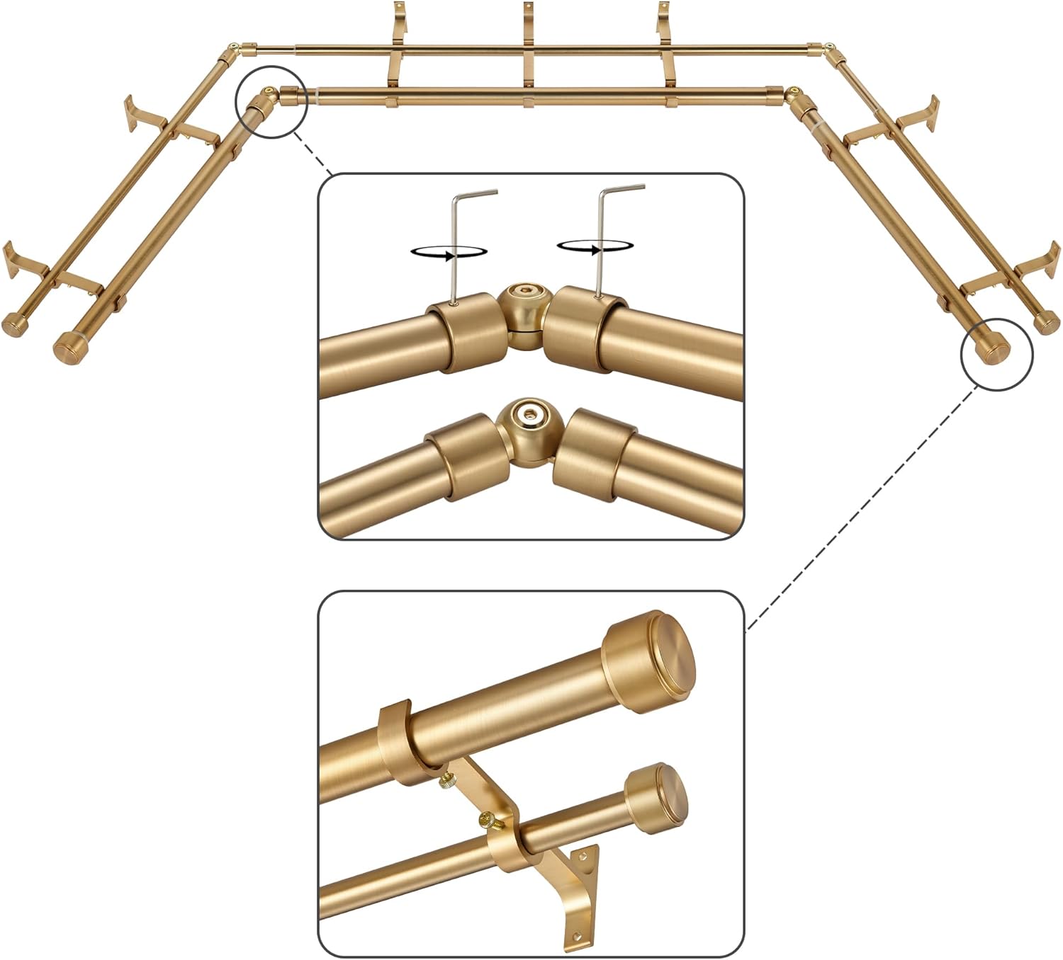 Mayrhyme Dual Corner Curtain Rods - Extendable Warm Gold Beauty