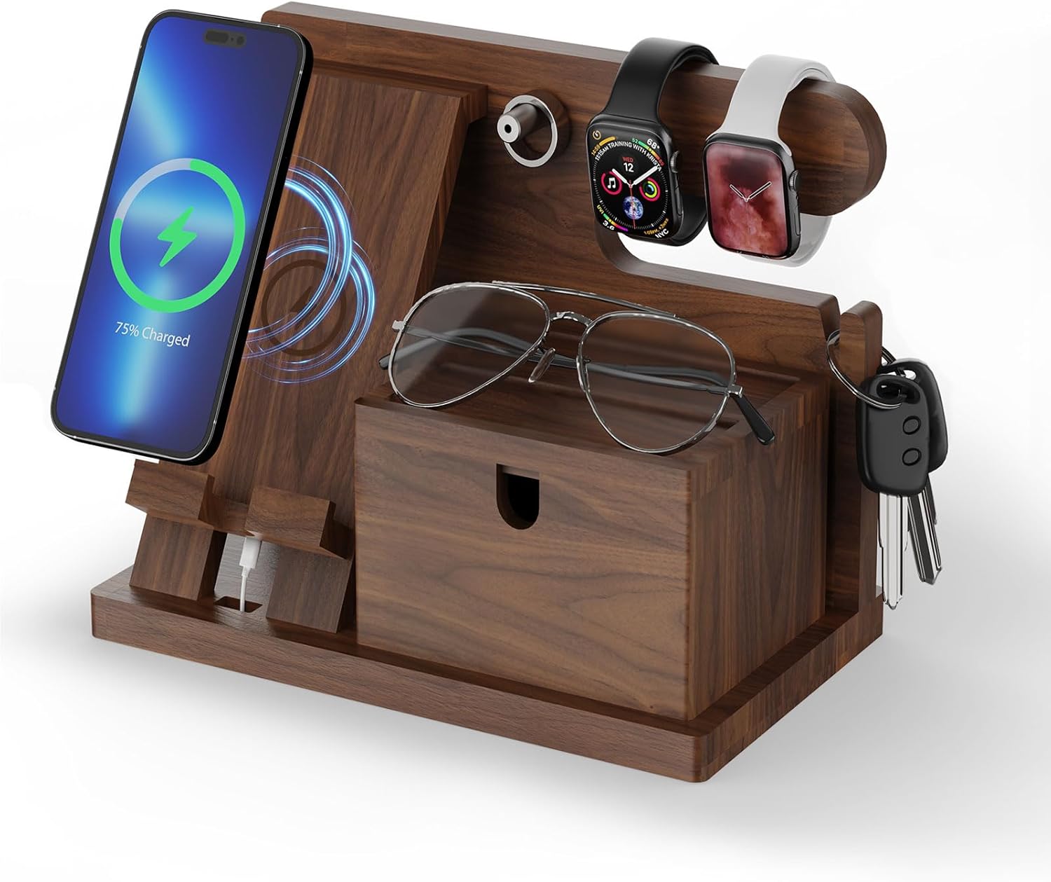 Walnut Wood Phone Docking Station with Wireless Charging and Organizer