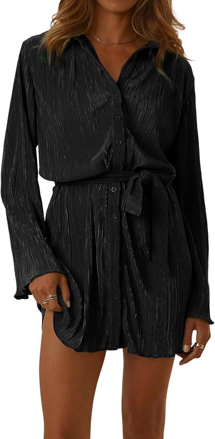 LYANER Women's Collar V Neck Button Down Pleated Mini Dress