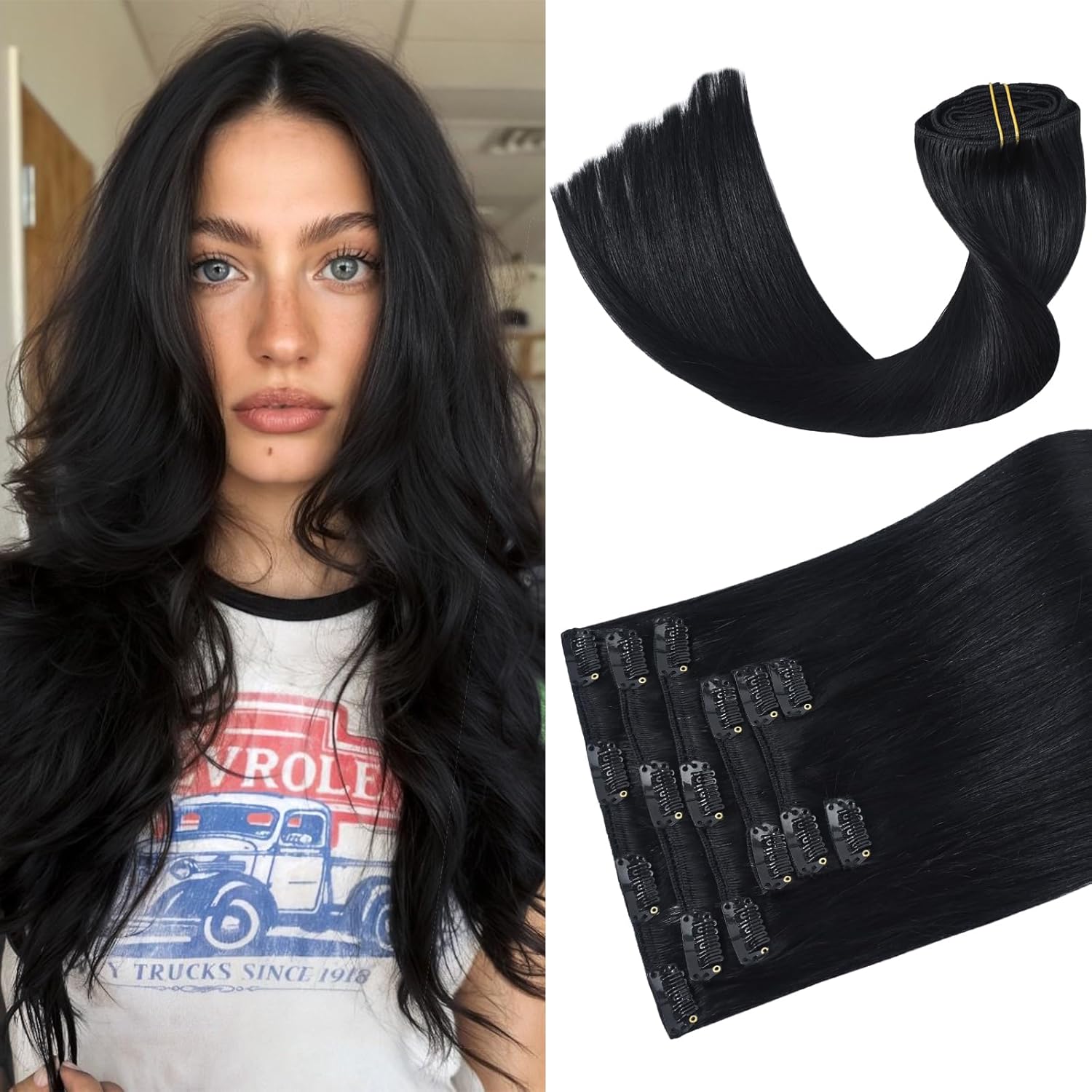 Aison Jet Black Clip in Hair Extensions for Natural Look