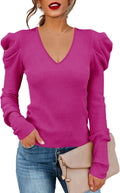 Women's Puff Long Sleeve Knit Pullover Sweater - Slim Soft V Neck