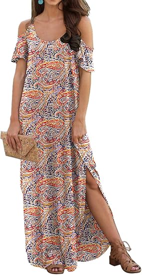 GRECERELLE Women's Summer Cold Shoulder Casual Maxi Dress