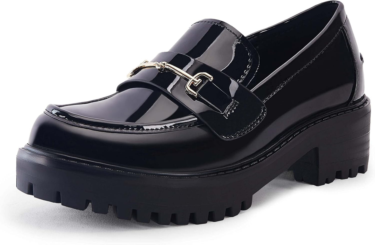 VETASTE Womens Chunky Heel Loafers with Stylish Metal Chain