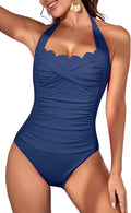 One Piece Tummy Control Swimsuit Halter Scallop Trim (Style MBD6)