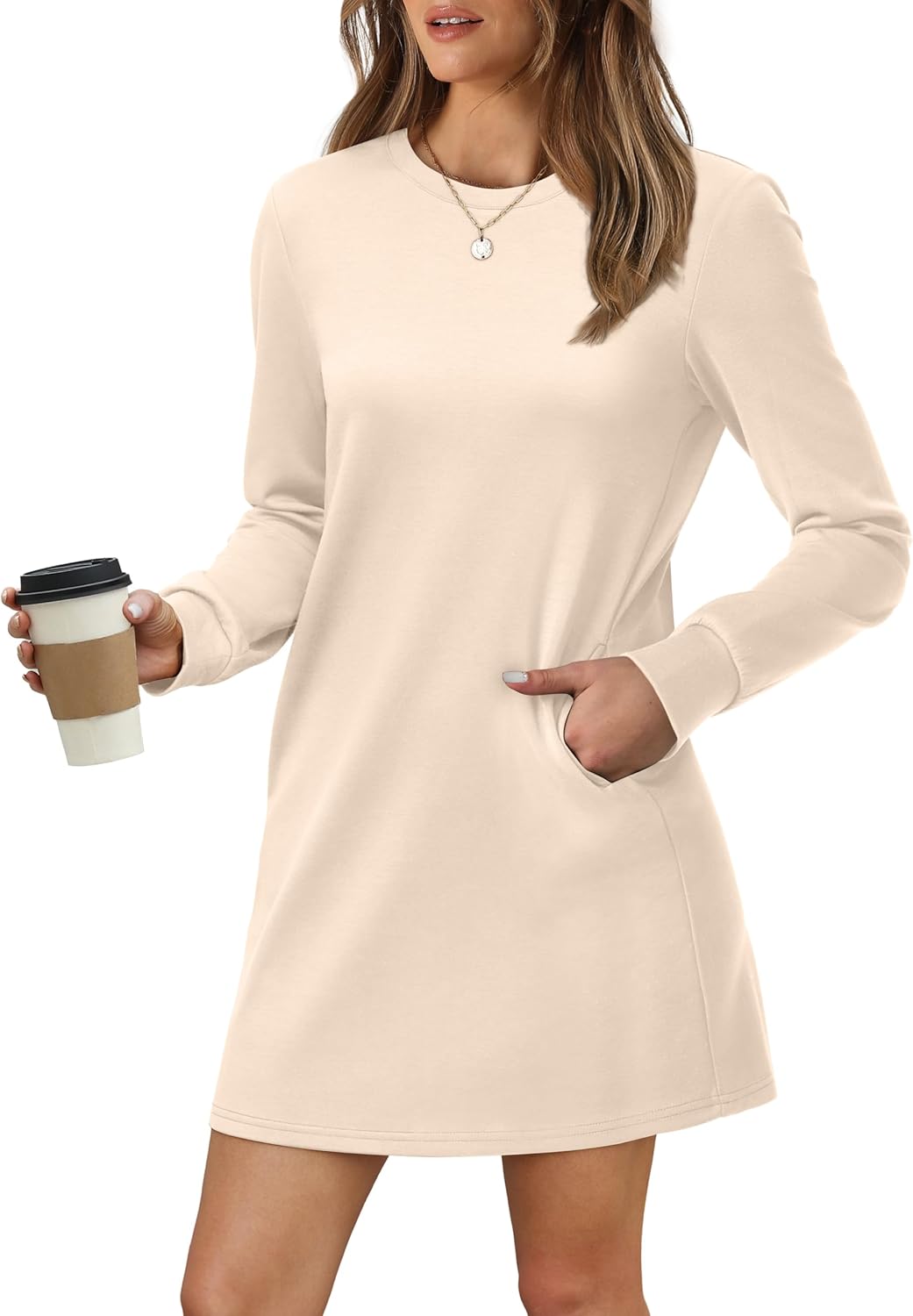 WIHOLL Long Sleeve Casual Mini Dress with Pockets for Women