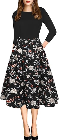 Oxiuly Women's Vintage Patchwork Pockets Puffy Swing Dress