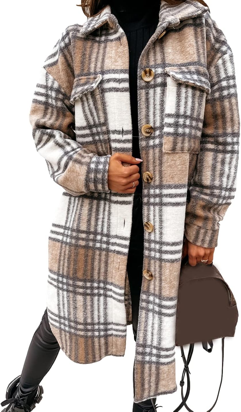PUWEI Women's Long Flannel Plaid Jacket for Cozy Style