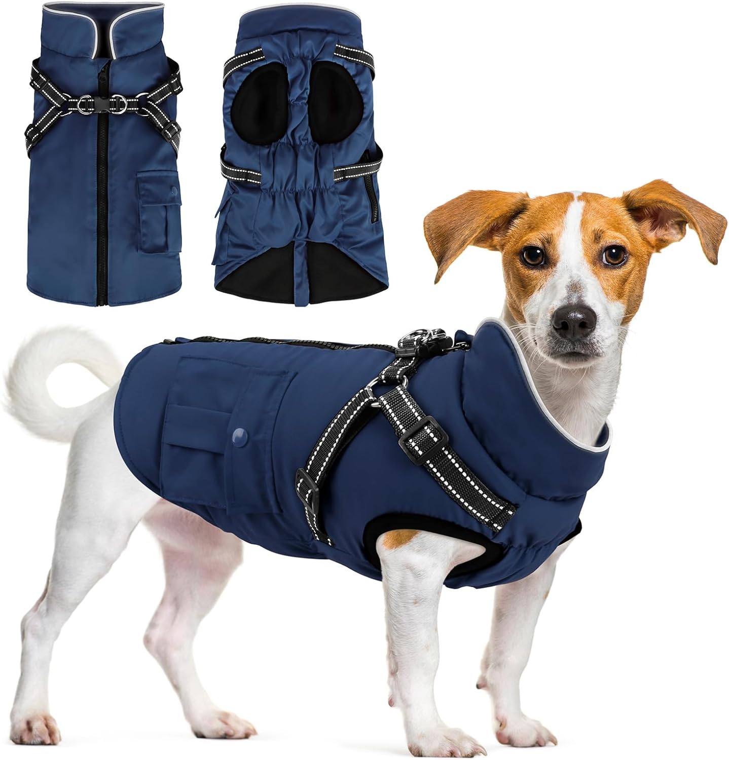 Dog Winter Coat with Harness for Small Medium Dogs - Navy Blue