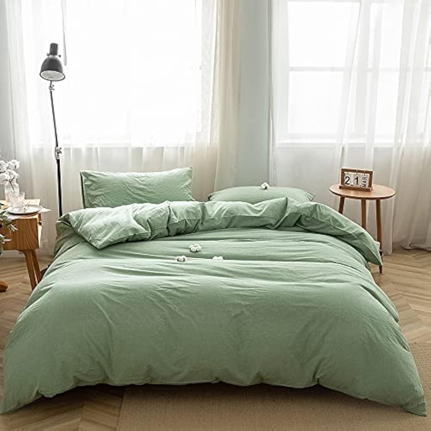 FACE TWO FACE Full Size Duvet Cover Set in Soft Green Cotton