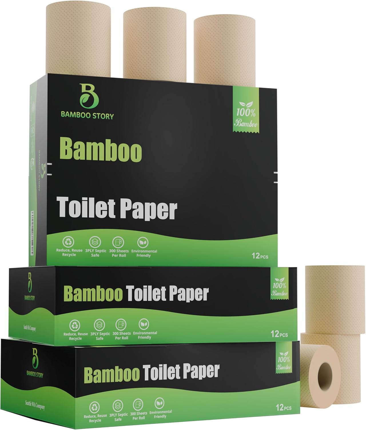 Eco Toilet Paper 12 Rolls 3-Ply Unbleached Bamboo Tissue