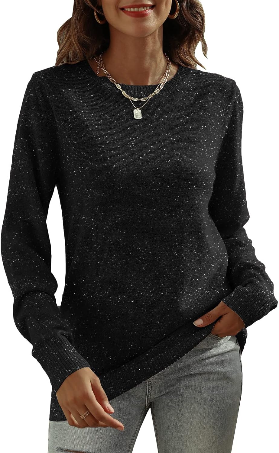 DUTUT Women's Long Sleeve Glitter Tops for Casual Elegance
