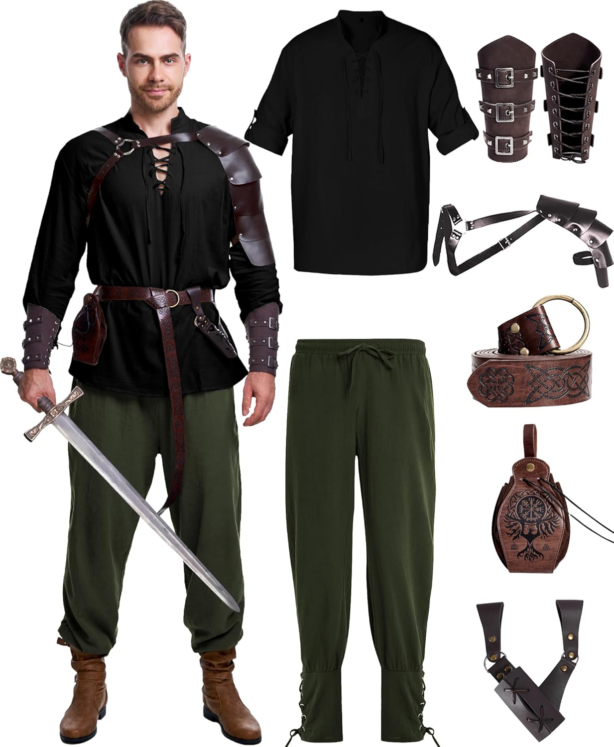8 Pcs Men's Renaissance Costume Set for Halloween and Events
