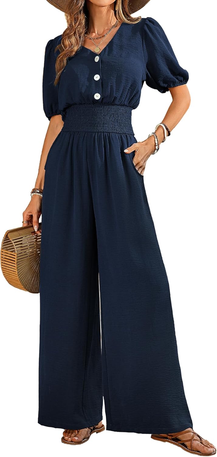 Womens Jumpsuits Short Sleeve V Neck Dressy Casual Wide Leg Pants