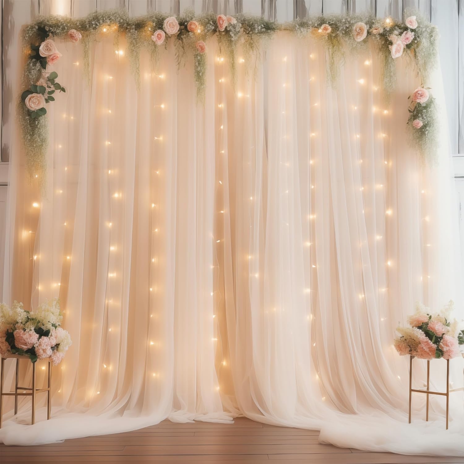 Wish Care Champagne Tulle Curtain with Lights - Party Perfect!