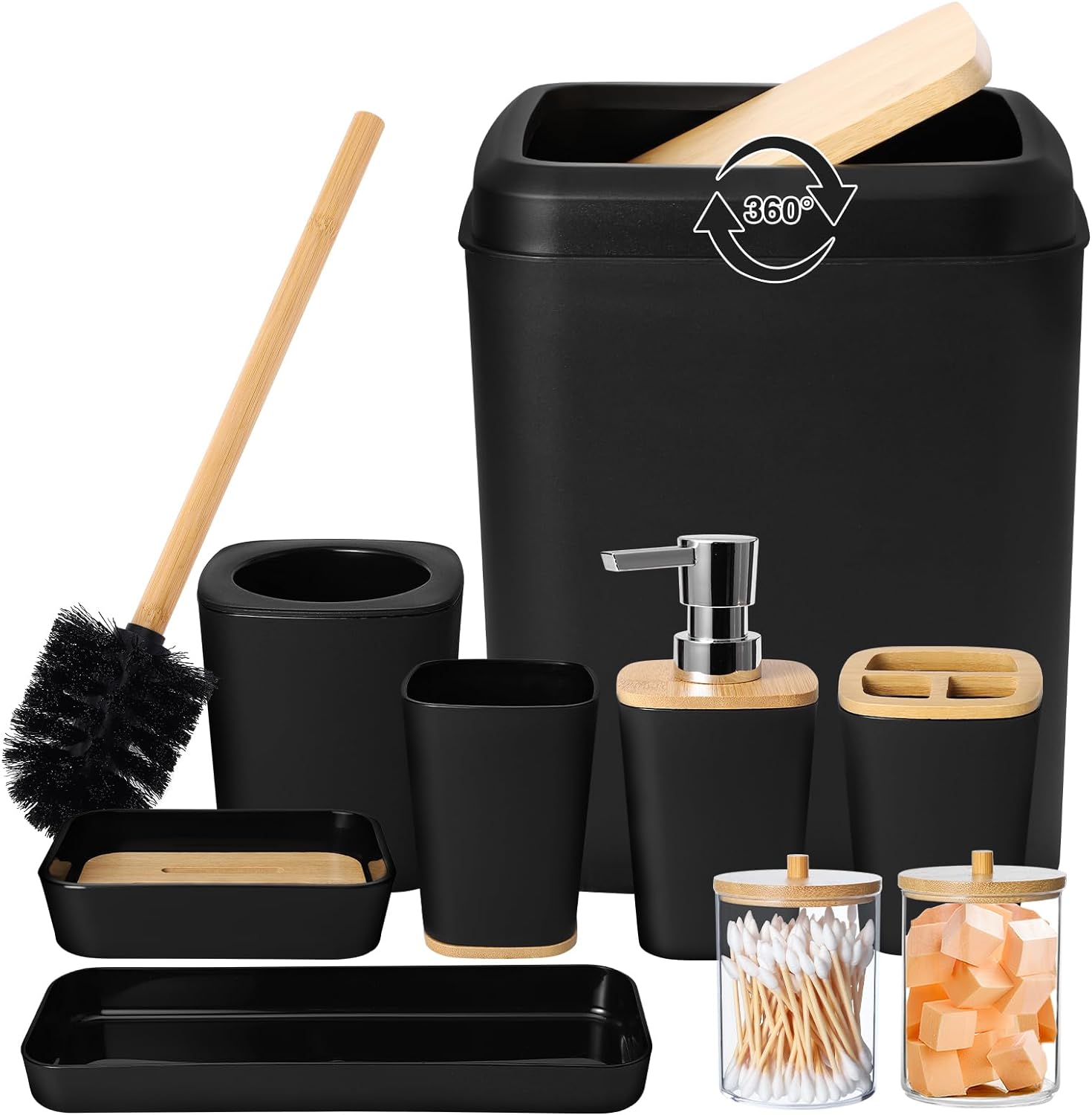 Black Bathroom Accessories Set - 9 Piece Complete Decor