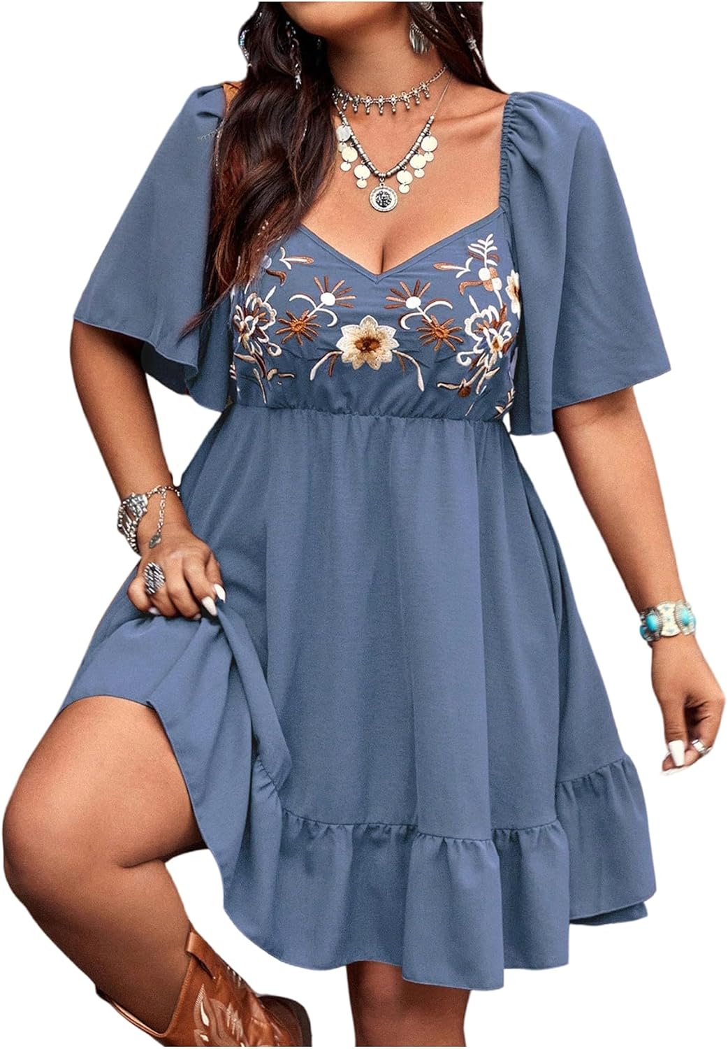 Plus Size Western Dress by BEAUDRM - Floral Embroidered Style