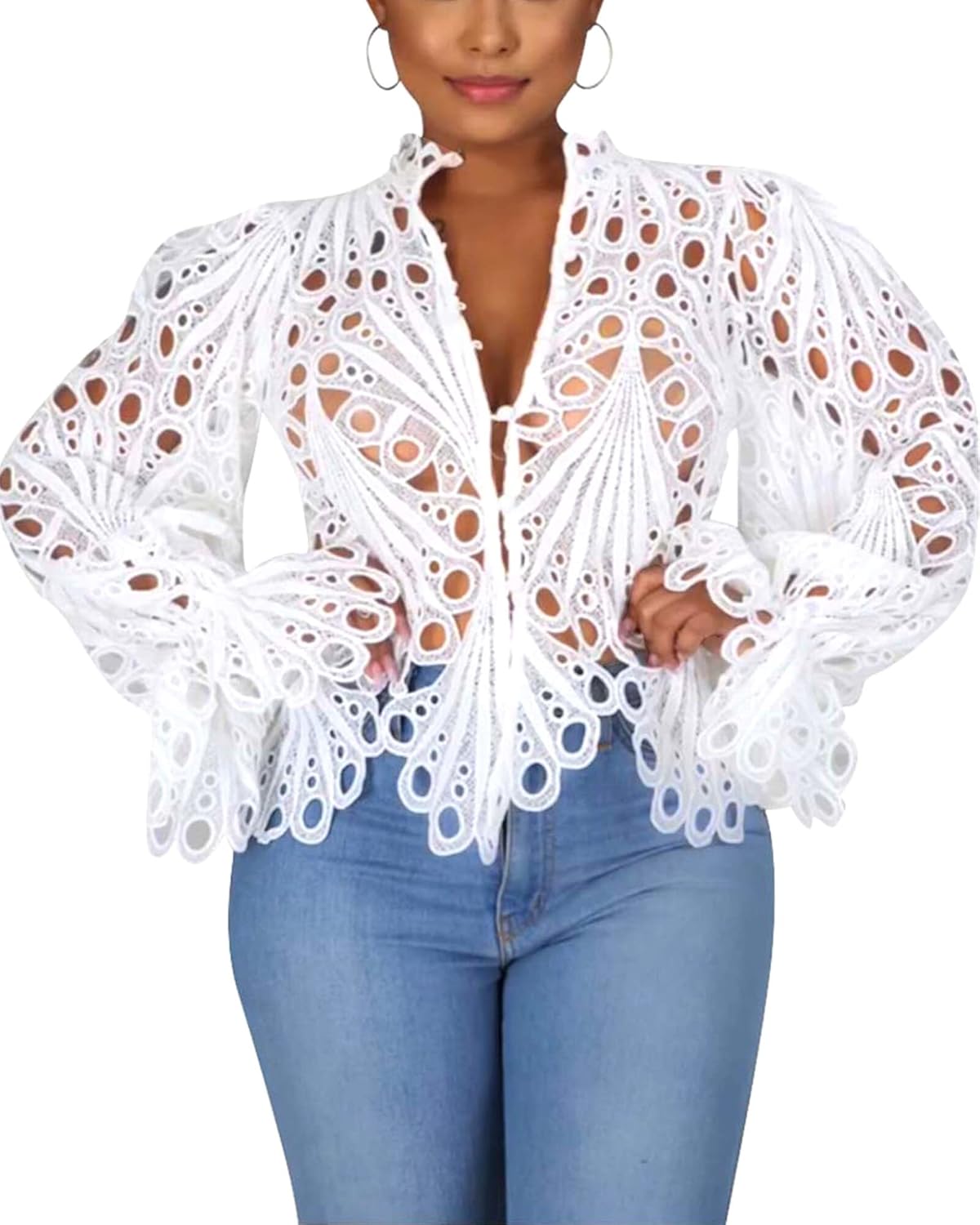 Doweha Womens Sexy Ruffle Long Sleeve Lace Tops for 2025